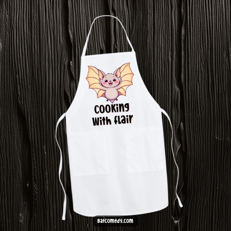 Funny kawaii bat apron with a bat spreading its wings wide in delight, practical for cooking and baking with a joyful theme.