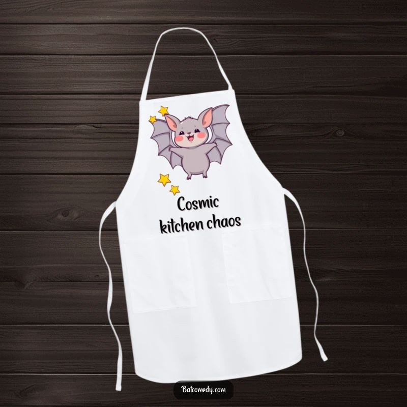 Funny apron showing a bat excitedly juggling three tiny stars with its wings, adding a celestial flair to cooking.
