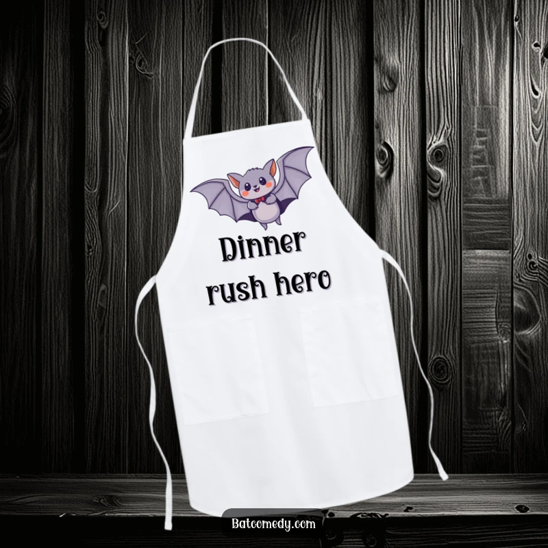 Funny apron showing a bat in a cape flying at high speed through the night, a humorous kitchen superhero.