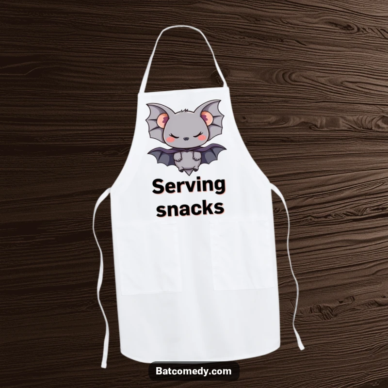 Funny kitchen apron with a black bat wearing a tiny cape and a mischievous smirk, ready to cook.