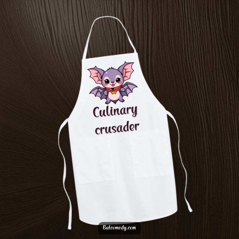 Funny apron showcasing a kawaii bat with a cape, ready for adventure, perfect for kitchen duty with a heroic and cute theme.