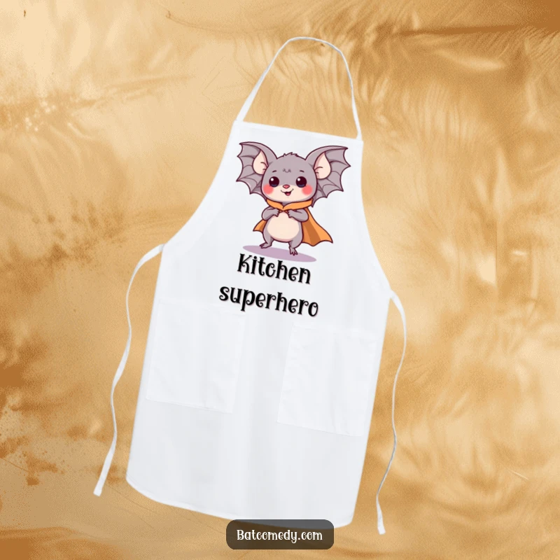 Funny kawaii bat wearing a cape and comically pretending to fly, featured on a kitchen apron for humorous cooking.