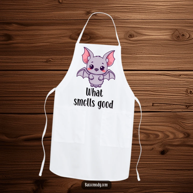 Funny kawaii bat with small wings spread, looking curiously on a kitchen apron, designed for humorous culinary exploration.
