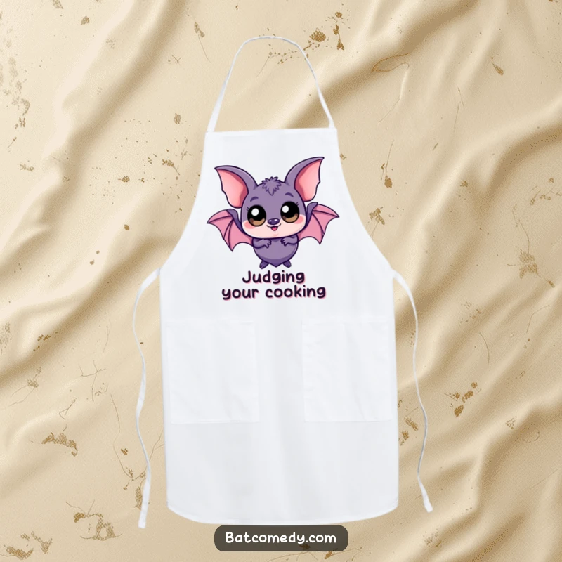 Funny kawaii bat apron featuring a playful bat with oversized eyes, perfect for cooking, baking, or crafting.