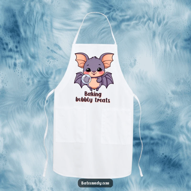 Funny kawaii bat apron with a happy bat blowing a bubble, practical for cooking and baking with a cheerful theme.