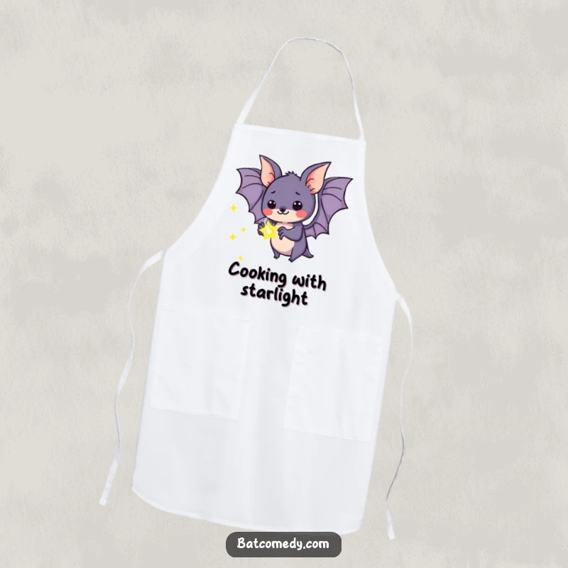 Funny kawaii bat apron featuring a bat holding a glowing firefly, practical for kitchen use with an enchanting theme.