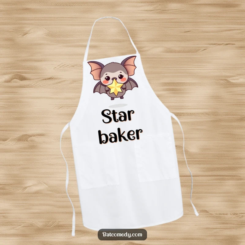 Funny kitchen apron with a black bat balancing a sparkling star on its nose, looking magical.