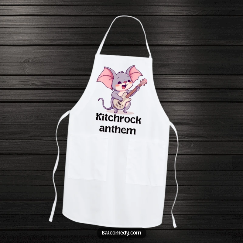 Funny apron showcasing a kawaii bat enthusiastically playing a guitar, perfect for kitchen duty with a fun, rock star theme.