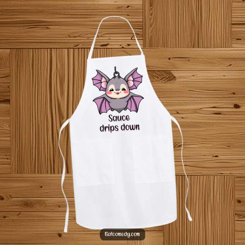 Funny kawaii bat with a silly grin hanging upside down, featured on a kitchen apron for amusing meal preparation.