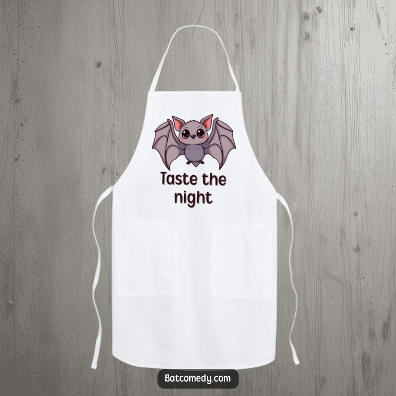 Funny bat apron illustrating a curious bat with wide eyes, gracefully swooping with wings spread wide, ready for kitchen adventures.
