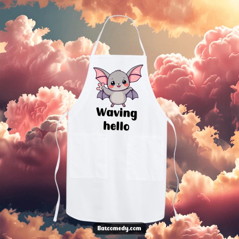 Funny kitchen apron with a black bat giving a friendly wave with its wing, ready to cook.