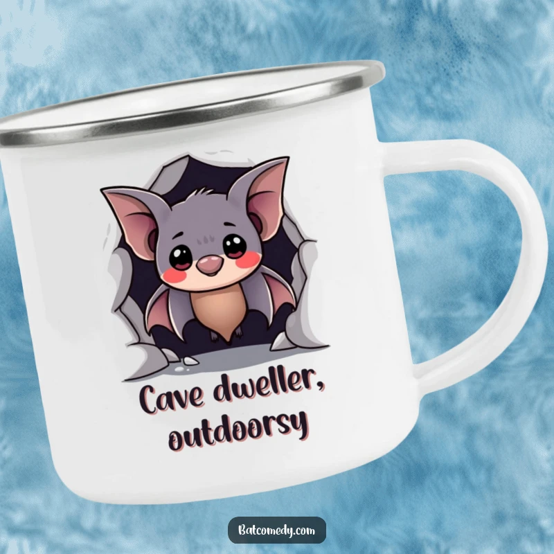 Funny camping mug illustration of a shy bat peeking from a cave with a hesitant, sweet smile, ideal for peaceful humor.