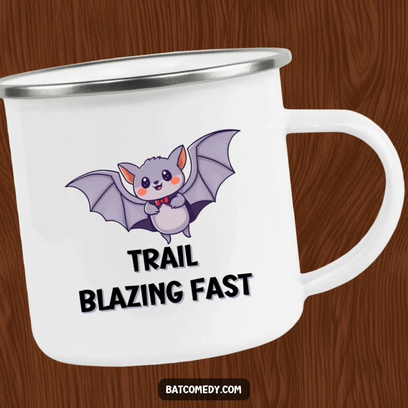 Funny camping mug featuring a bat in a cape, flying at high speed through the night, ideal for adventurers.