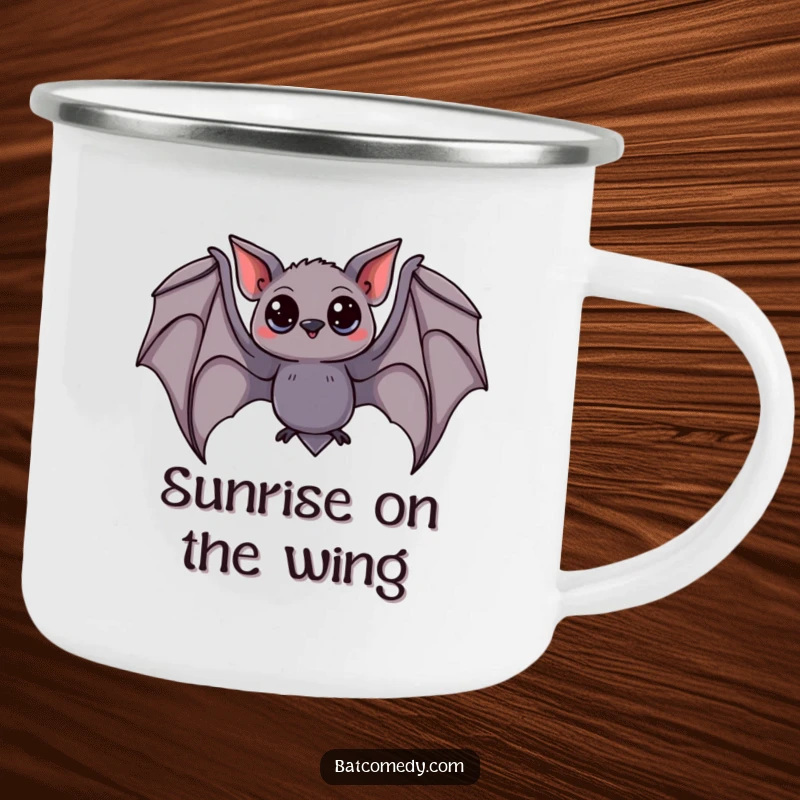 Funny bat camping mug featuring a curious bat with wide eyes, swooping gracefully with its wings spread, perfect for outdoor journeys.