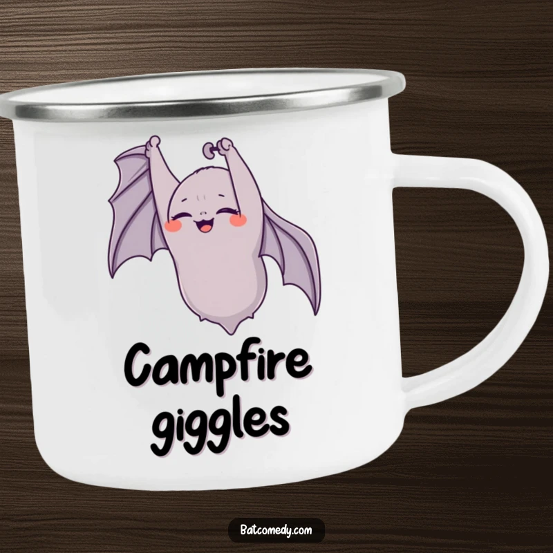 Funny bat camping mug featuring an upside-down bat giggling with eyes closed, ideal for cheerful outdoor drinks.