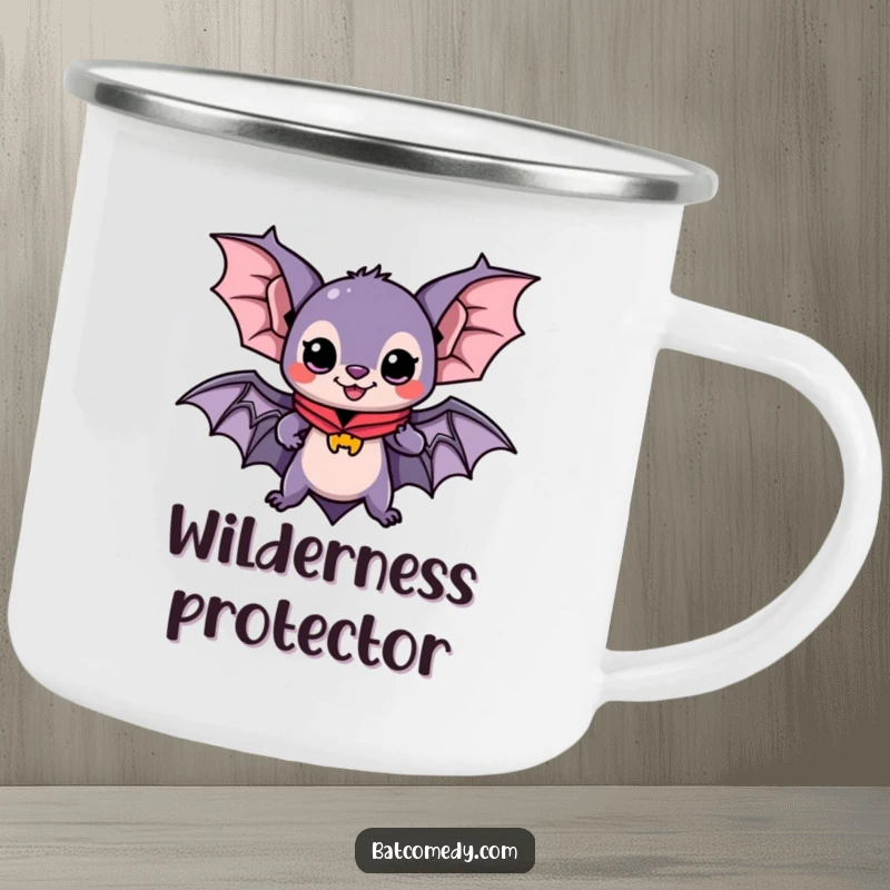 Funny camping mug featuring a kawaii bat with a cape, ready for adventure, perfect for enjoying beverages during outdoor expeditions.
