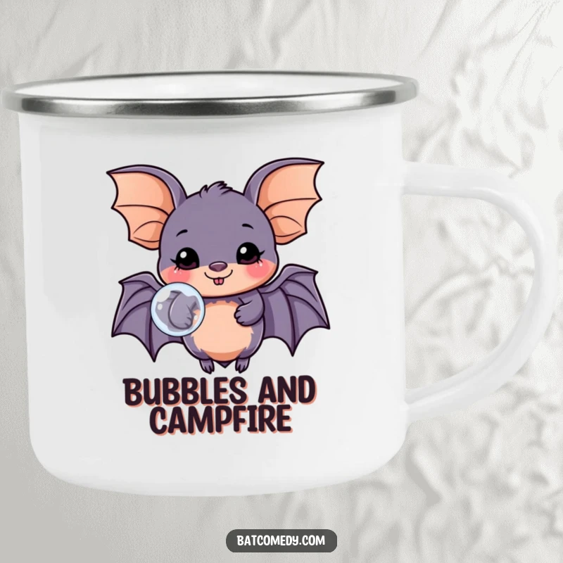 Funny kawaii bat camping mug with a happy bat blowing a bubble, durable for outdoor adventures and beverage enjoyment.