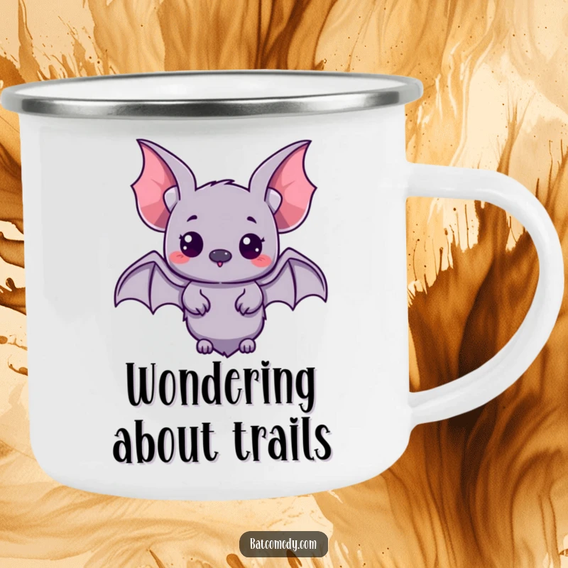 Funny kawaii bat with small wings spread, looking curiously on a camping mug, perfect for humorous outdoor exploration.