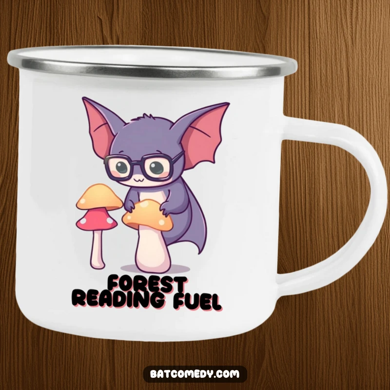 Funny spectacled bat camping mug shows a bat in glasses intently observing a glowing mushroom, ideal for outdoor beverages.