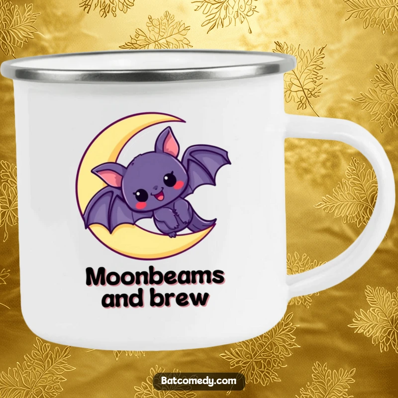 Funny camping mug featuring a kawaii bat peeking with excitement from a crescent moon, perfect for outdoor adventures and cozy brews.