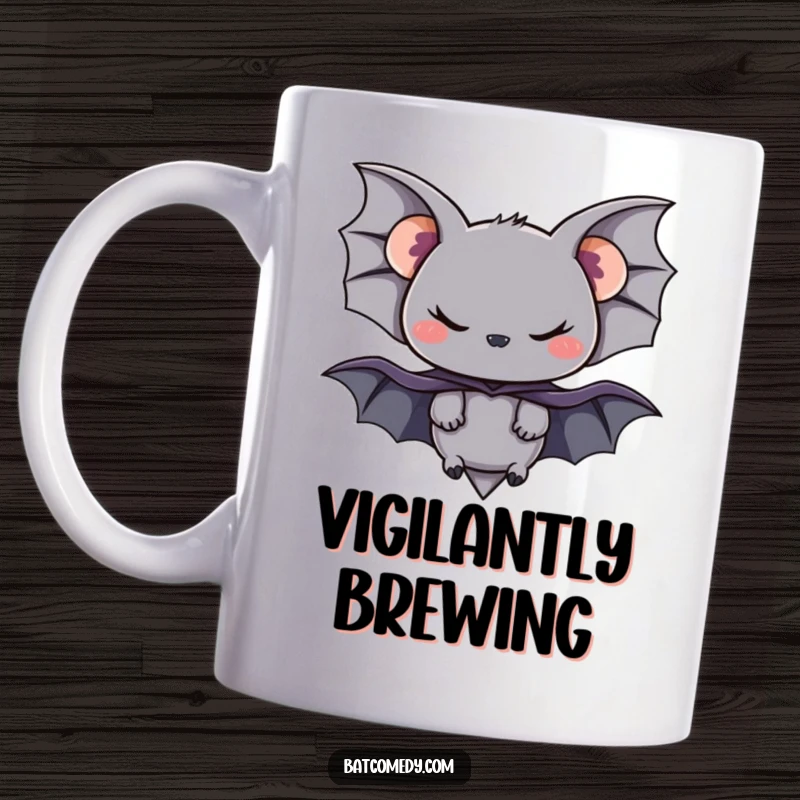 Funny mug with a black bat wearing a red cape and a sly grin, ready for adventure.