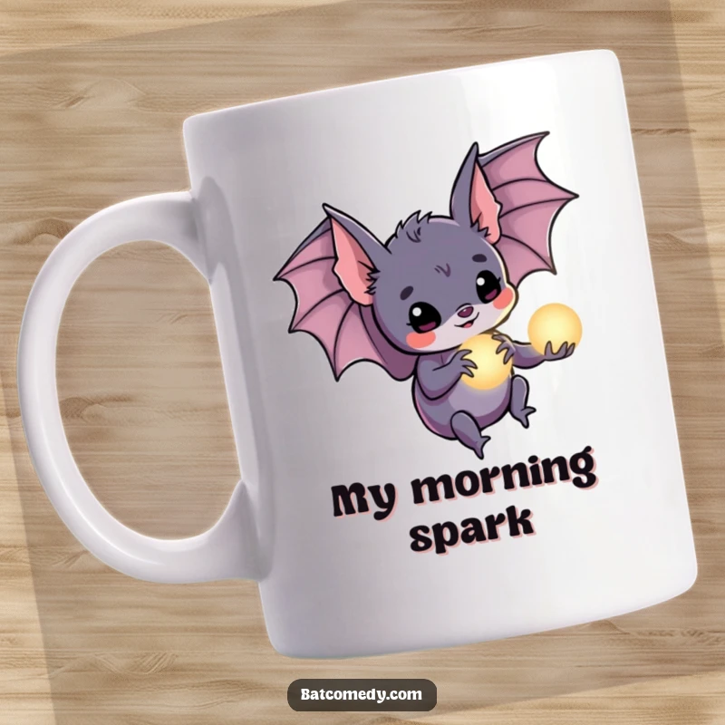 Funny bat mug showing a small bat holding a tiny, softly glowing orb in its delicate claws, symbolizing magic and wonder.