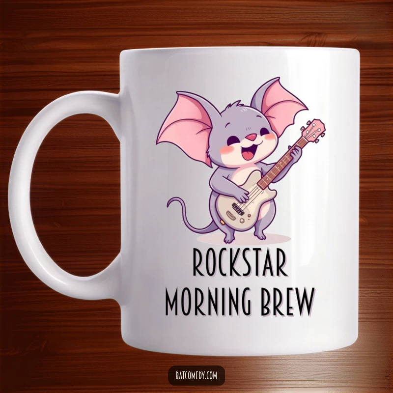 Funny mug featuring a cute kawaii bat enthusiastically playing a small guitar, radiating musical passion and rock star energy.