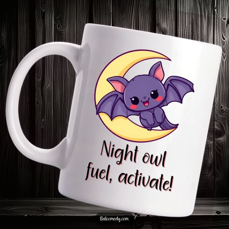 Funny mug featuring a kawaii bat peeking with wide eyes from a crescent moon, radiating pure excitement and joy, perfect for bat lovers.