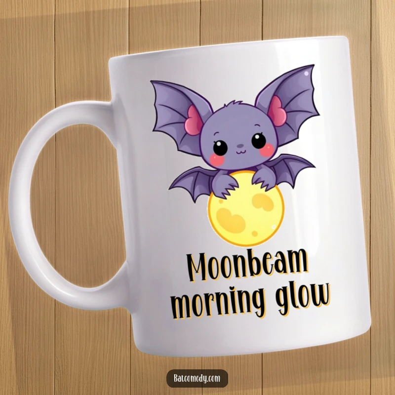 Funny kawaii bat holding a luminous glowing moon charm, looking enchanted and serene on a humorous mug.