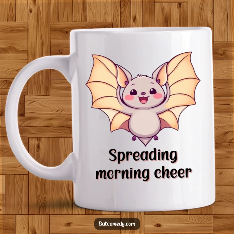 Funny kawaii bat mug showing a cute bat spreading its wings wide in a gesture of pure delight and freedom.