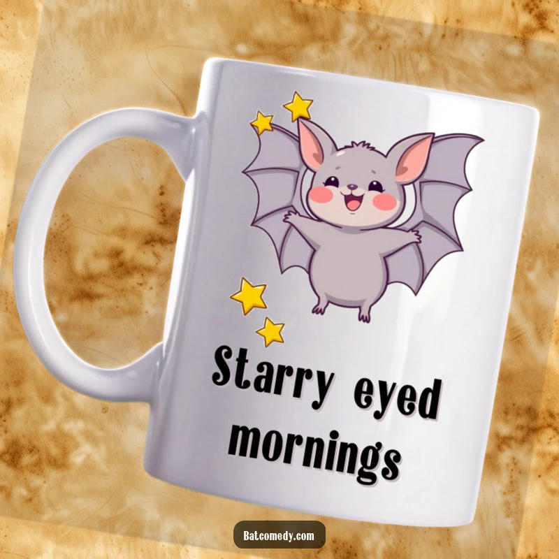 Funny mug featuring a bat excitedly juggling three small, twinkling stars with its wings, embodying joy and cosmic fun.