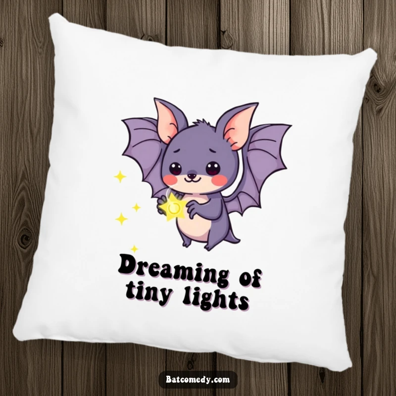 Funny kawaii bat pillow of a bat mesmerized by a glowing firefly, adding a touch of gentle magic to any room.