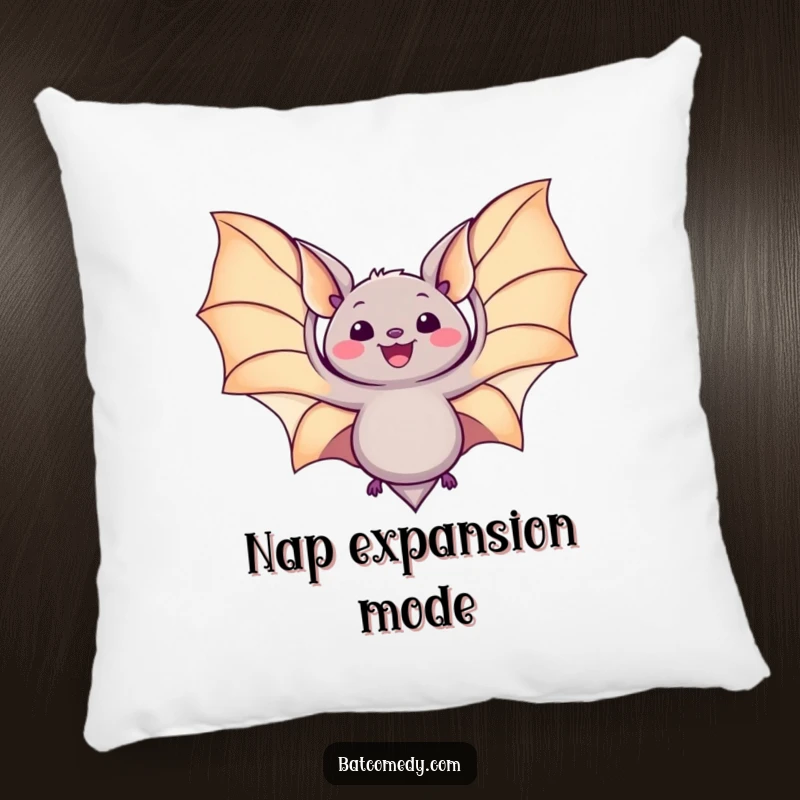 Funny kawaii bat pillow featuring a bat with its wings spread wide in delight, ideal for adding comfort and cheer.