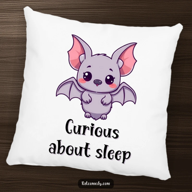 Funny kawaii bat with small wings spread, looking curiously on a soft pillow for humorous comfort.