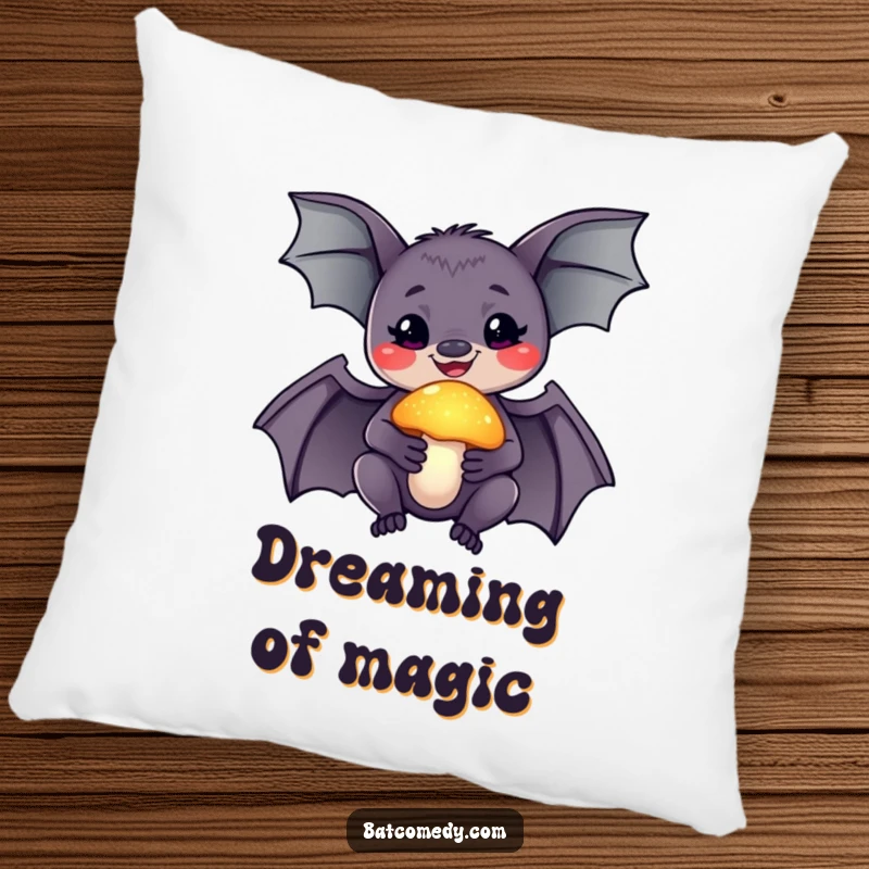 Funny pillow featuring a smiling bat holding a glowing mushroom, creating a cozy atmosphere of wonder and magic.