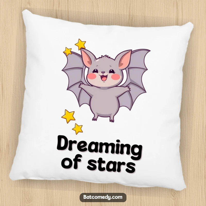 Funny pillow featuring a bat joyfully juggling three tiny stars with its wings, providing comfort and cosmic charm.