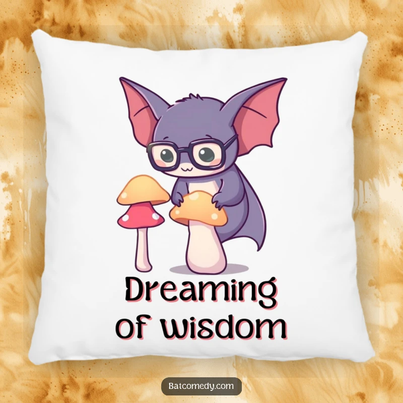 Funny spectacled bat pillow featuring a bat wearing glasses, keenly observing a glowing mushroom, designed for comfort and charm.