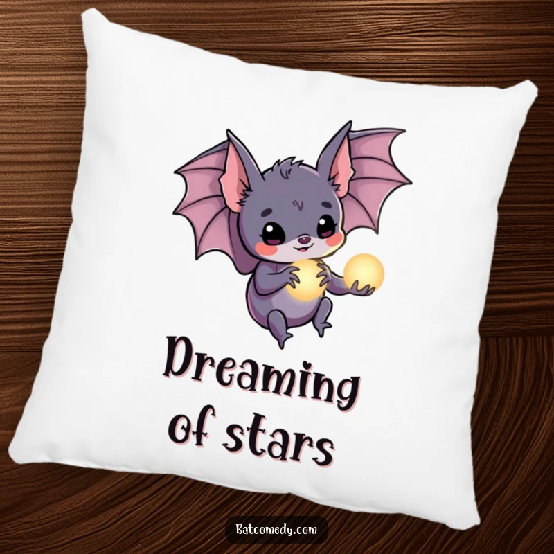 Funny bat pillow featuring a bat holding a tiny glowing orb in its claws, designed for comfort and spreading magic.