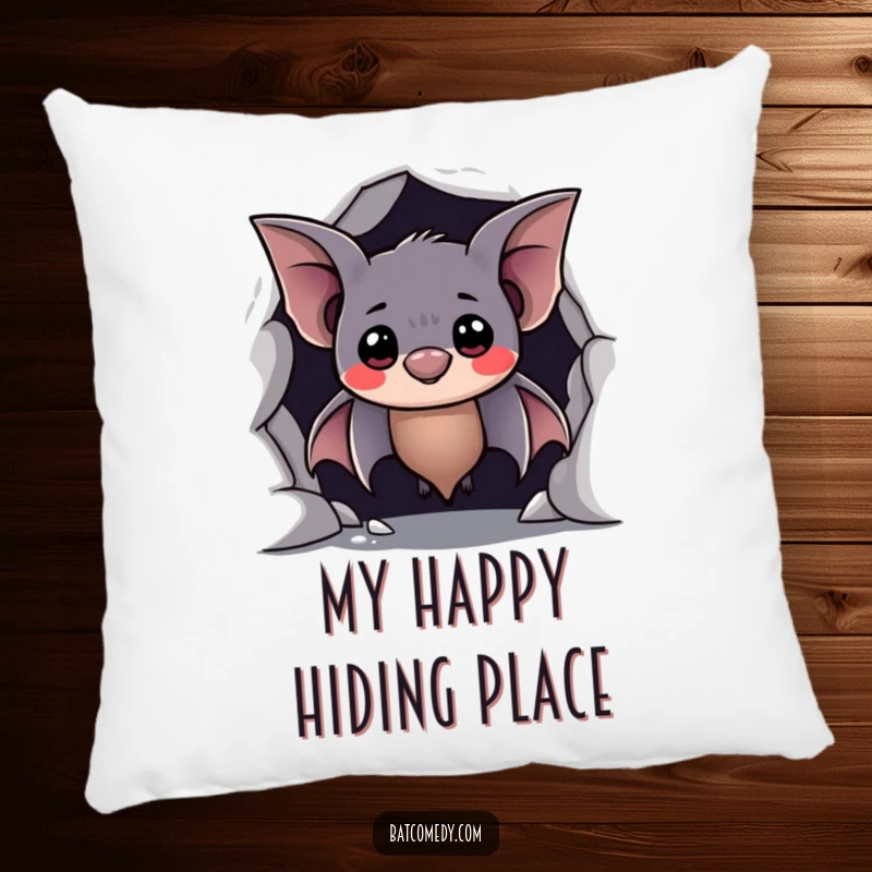 Funny pillow showcasing a shy bat peeking from a cave with a hesitant, sweet smile, offering comfort and bashful humor.