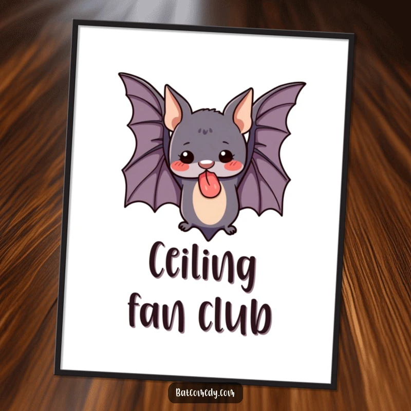 Funny digital art print of a cute bat hanging upside down with its tongue sticking out, perfect for instant wall decor.