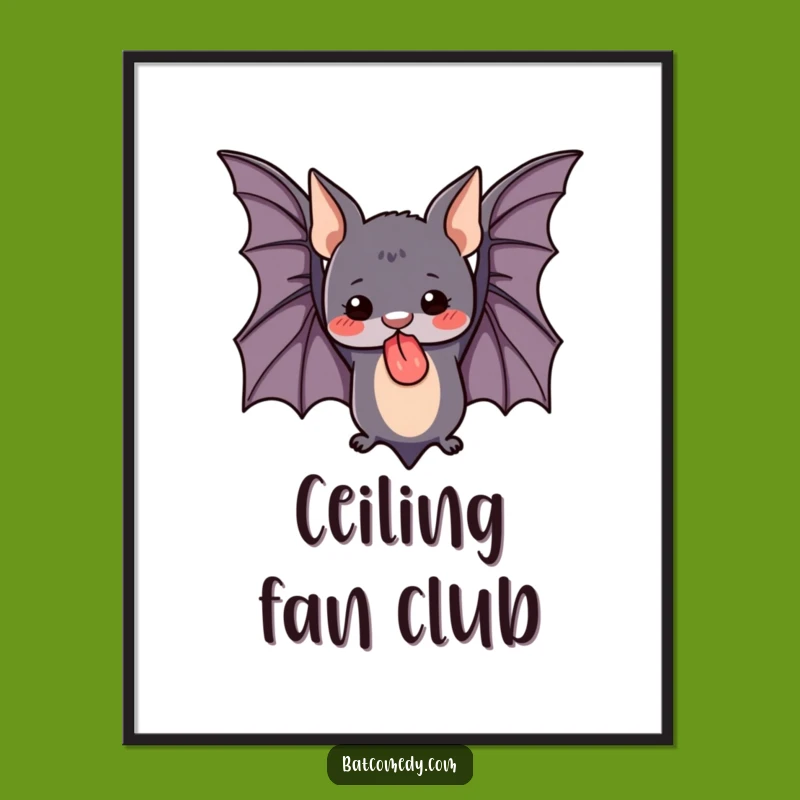 Funny Cute Bat Digital Art, Adorable Upside Down Tongue Out Decor