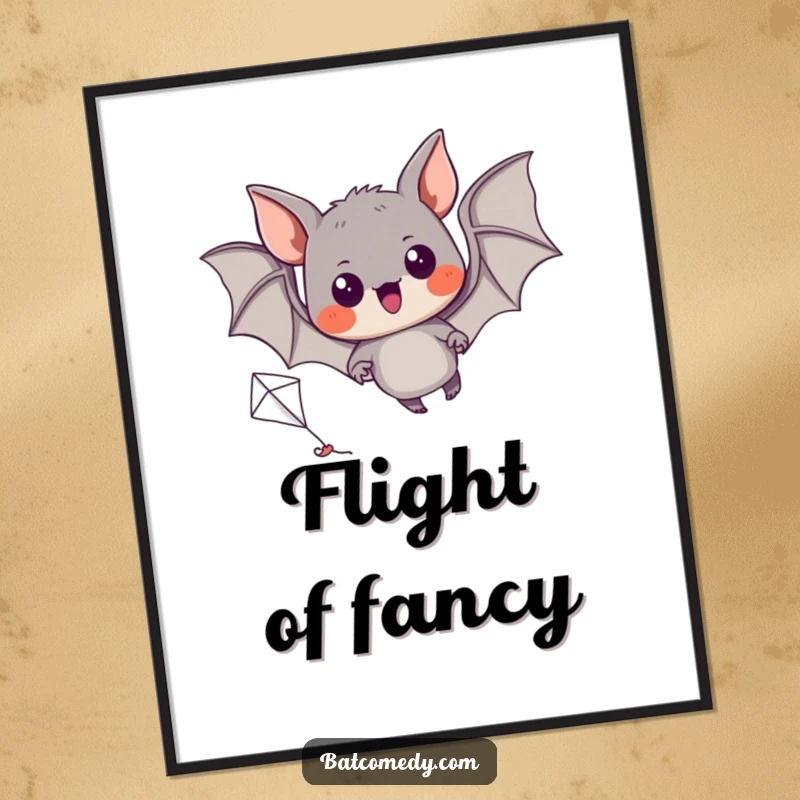 Funny digital art print of a black bat with excited eyes, attempting to fly a miniature kite.