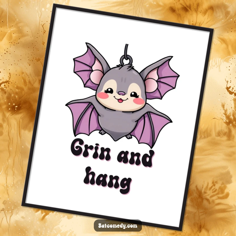 Funny kawaii bat with a wide, silly grin hanging upside down, available as a downloadable digital art print for humorous decor.