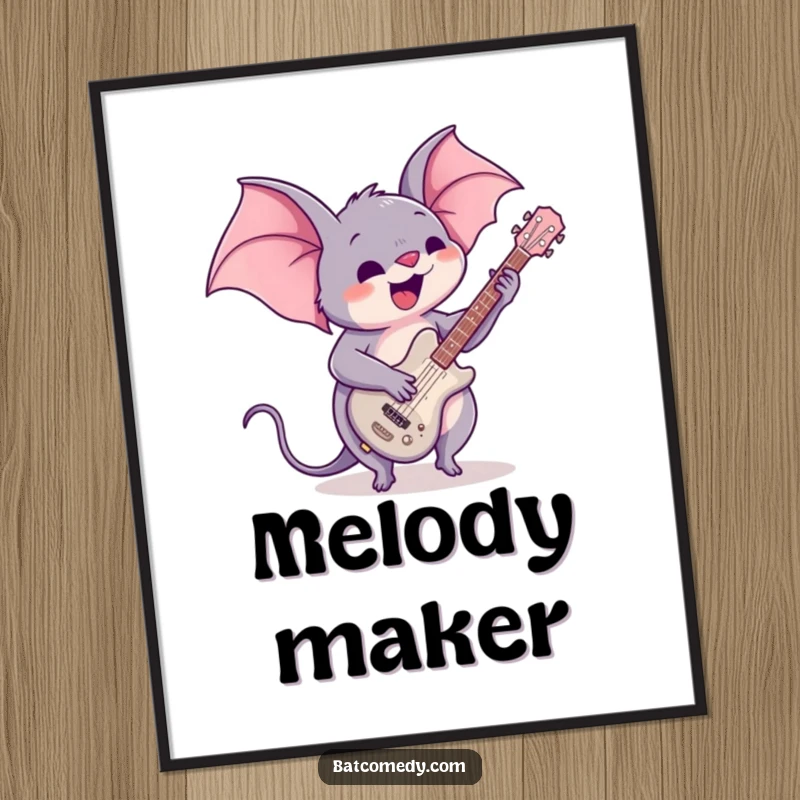 Funny digital art print of a kawaii bat enthusiastically playing a guitar, perfect for instant download and musical wall decor.