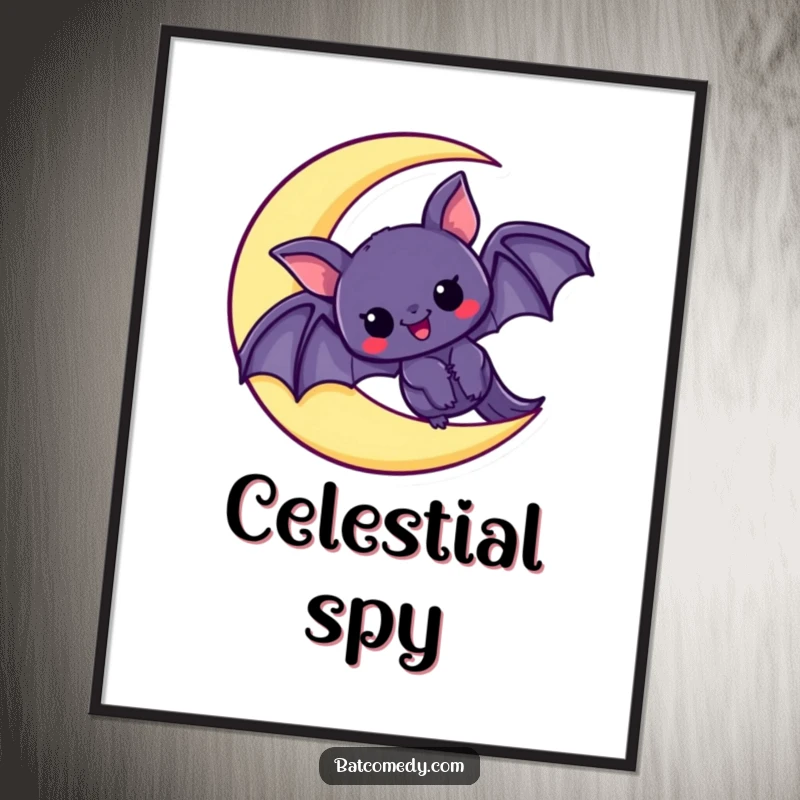 Funny digital art print of a kawaii bat peeking with excitement from a crescent moon, perfect for instant download and wall decor.