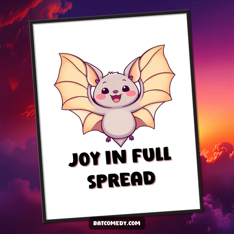 Funny kawaii bat digital art print of a bat spreading its wings wide in delight, perfect for adding a joyful touch.