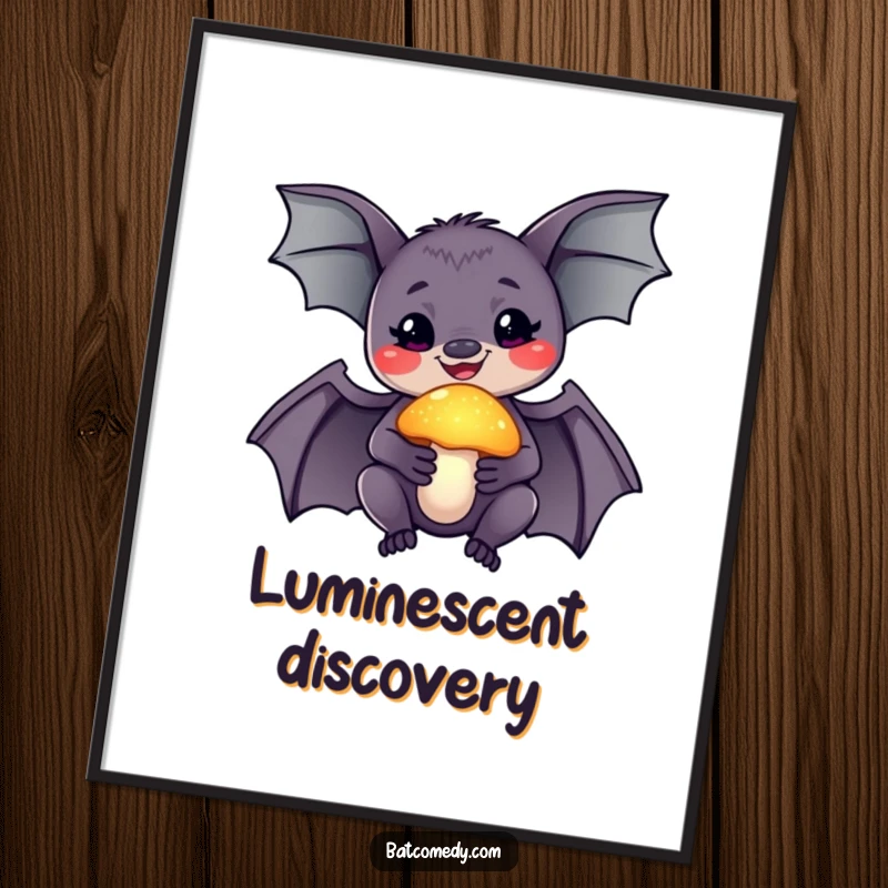 Funny digital art print of a smiling bat holding a glowing mushroom, representing magic, wonder, and enchantment.