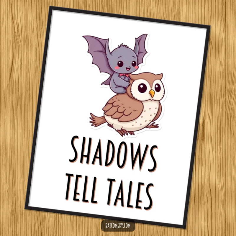 Funny digital art print depicting a bat giggling on an owl, ready to add humor to any digital display or print.