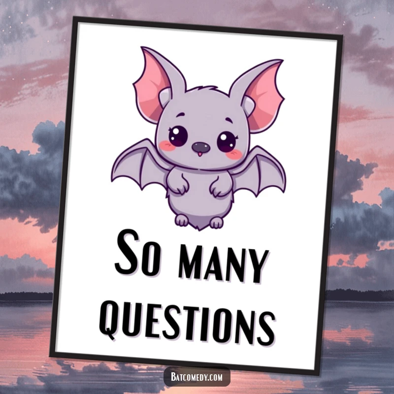 Funny kawaii bat with small wings spread, looking curiously, available as a downloadable digital art print for humorous decor.