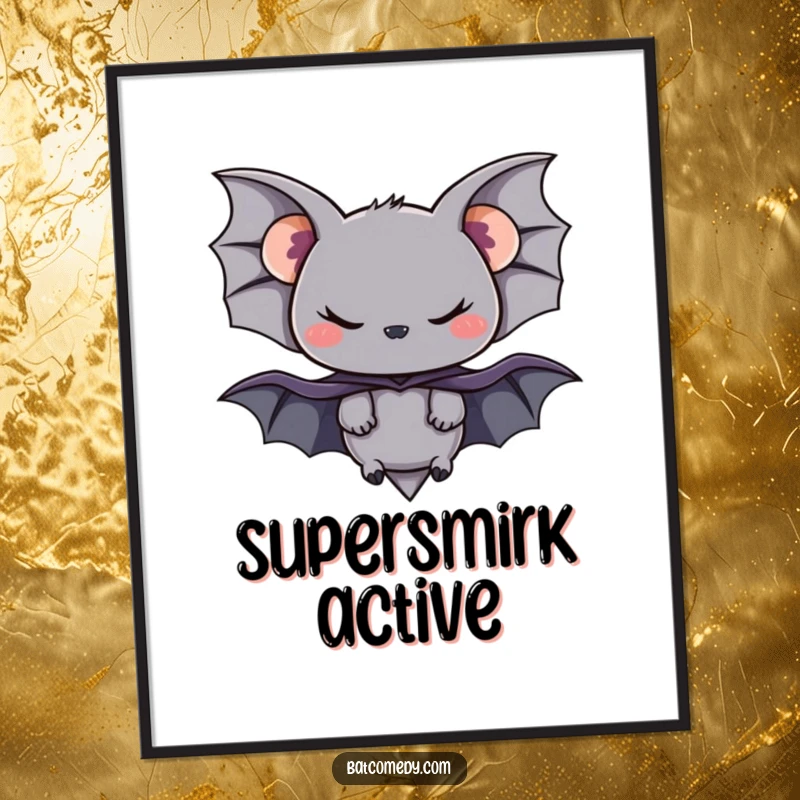 Funny digital art print of a black bat in a small cape with a mischievous smirk, ready to adorn walls.